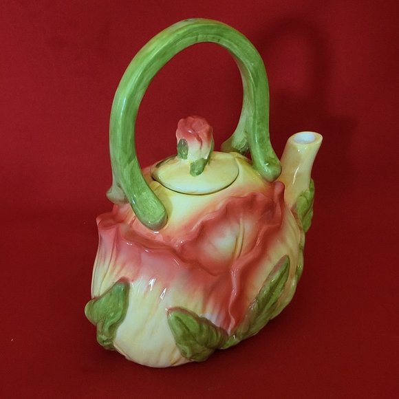 Ceramic Pink Flower and Leaves Tea Pot with Lid - Picture 12 of 13